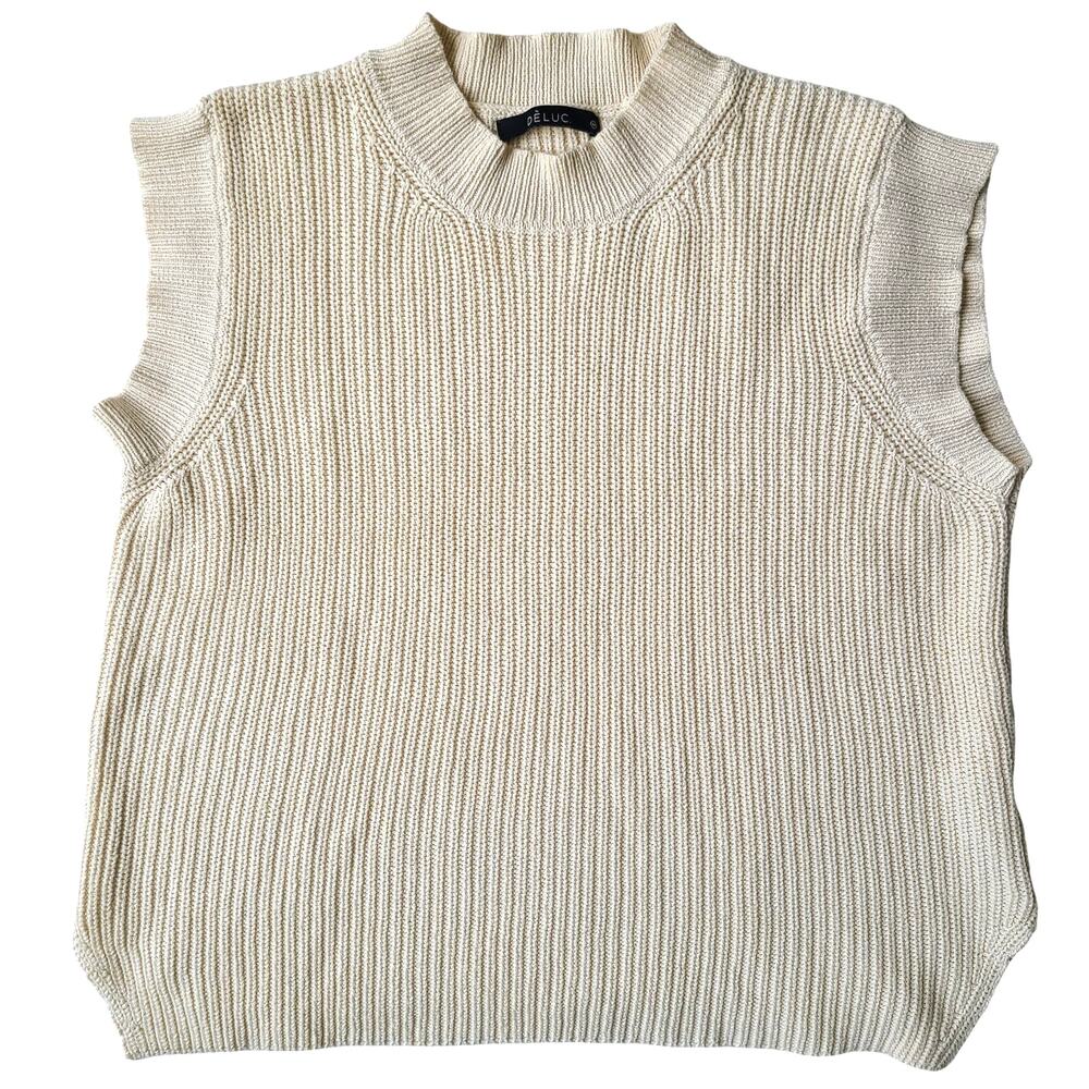 DELUC Sleeveless Sweater Crew Neck Cream Neutral Knit Vest Women Medium Preppy